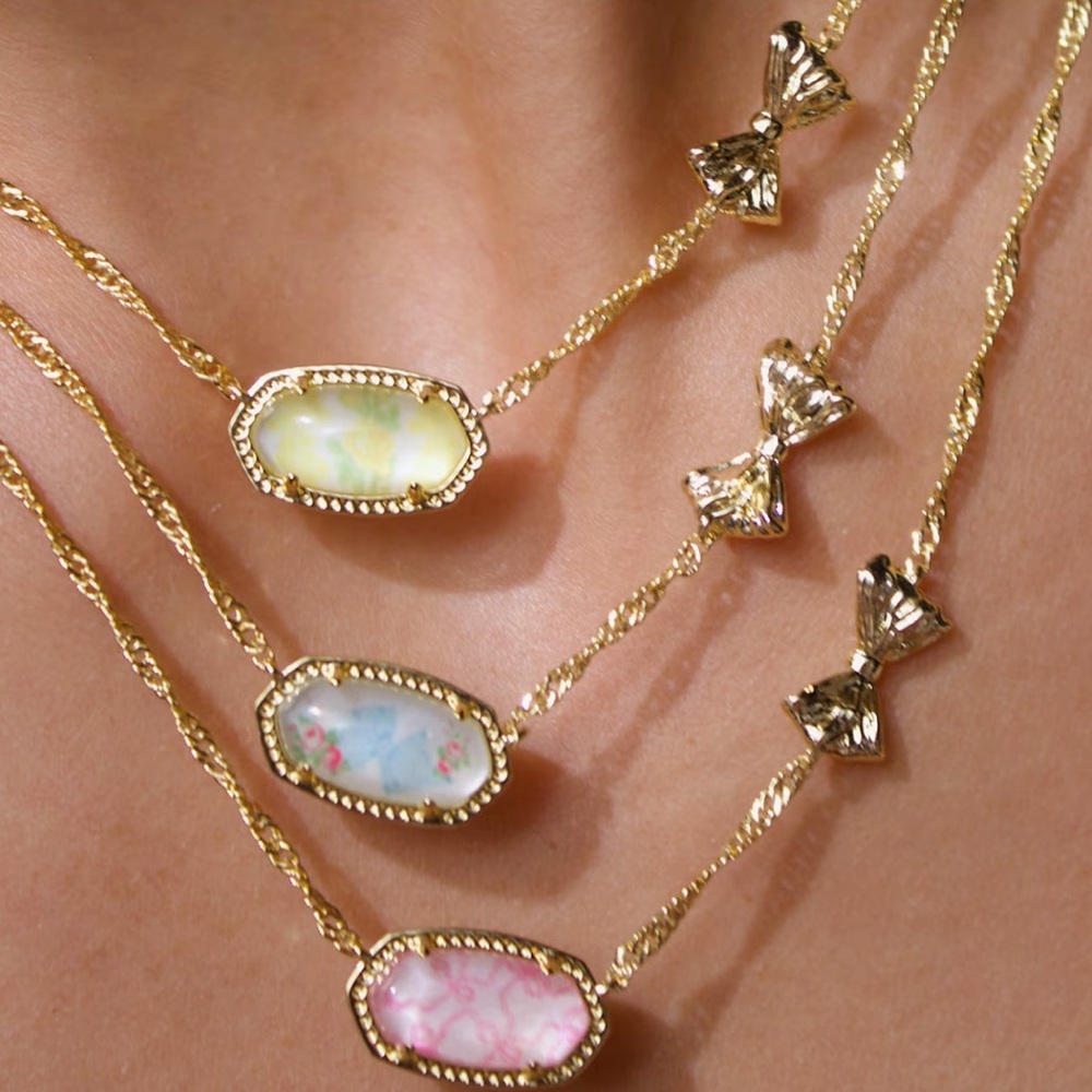 NEW Kendra Scott X Love Shack Fancy Blue Bow Pink Floral Necklace Dual Side Gold